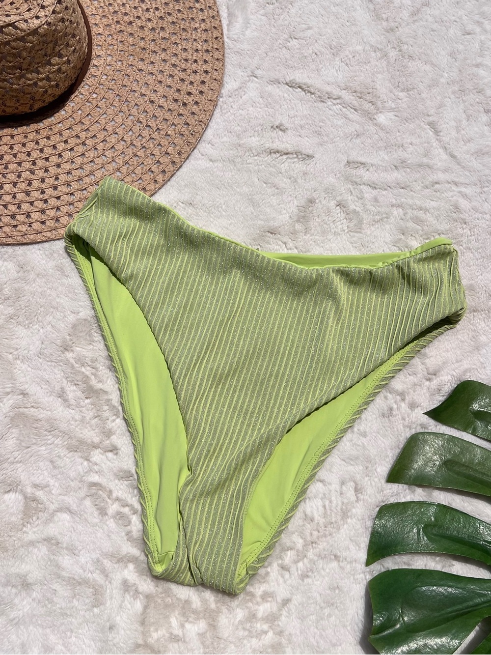 Andie Ribbed Bikini Bottom Medium Lime Green High Cut Swim Bottom